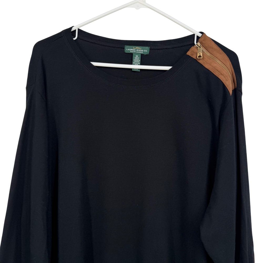 Lauren Ralph Lauren Top Women 3X Black Suede Elbow Patch Zipper Shoulder Cotton